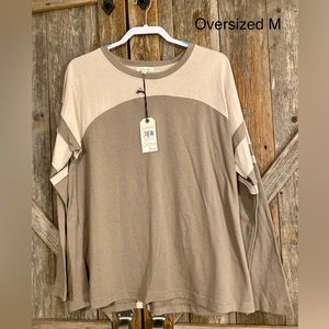 Cotton Blue Oversized Medium Tan Cream Stripe Long Sleeve Top Tee